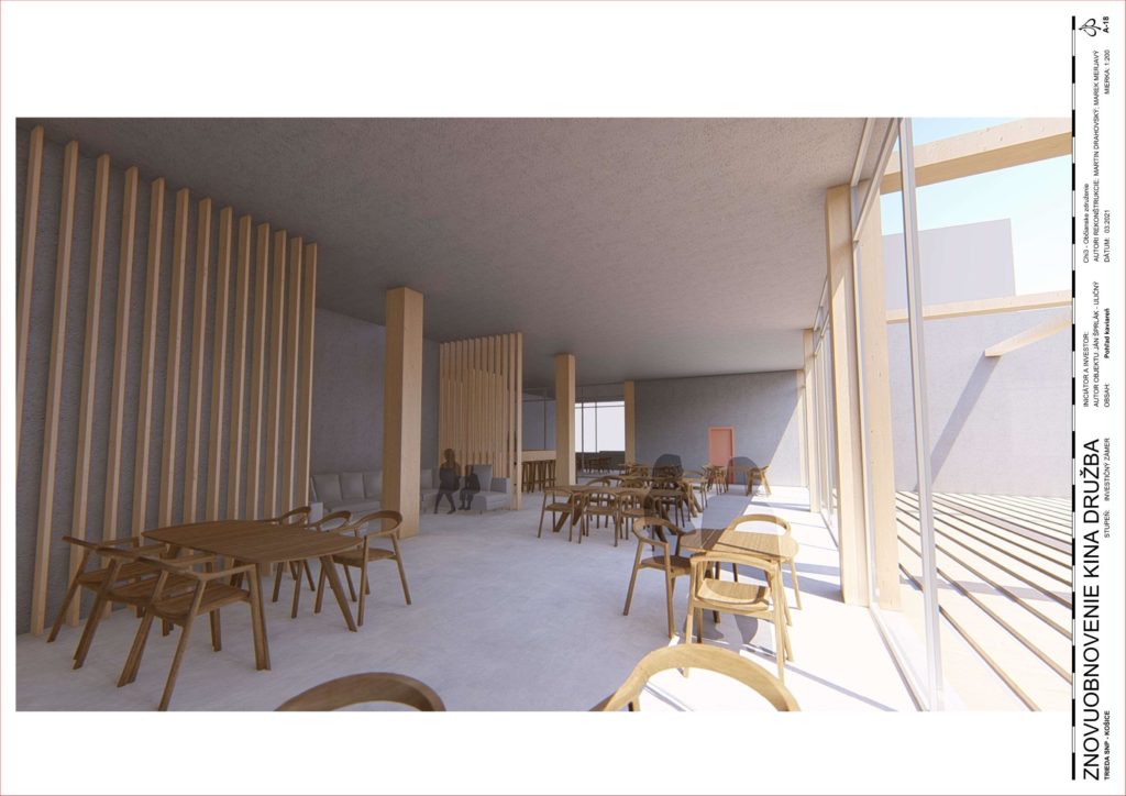 Návrh rekonštrukcie kina Družba, pohľad – kaviareň, 2021. Motív vertikálnych rebier z vonkajšej fasády sa objavuje aj v interiéri kaviarne. Autori: Martin Drahovský, Marek Merjavý.
