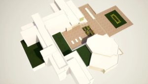 Vizualizácie navrhovaného priestoru pred magistrátom (zelené strechy, zeleň na schodisku, dažďová záhrada).